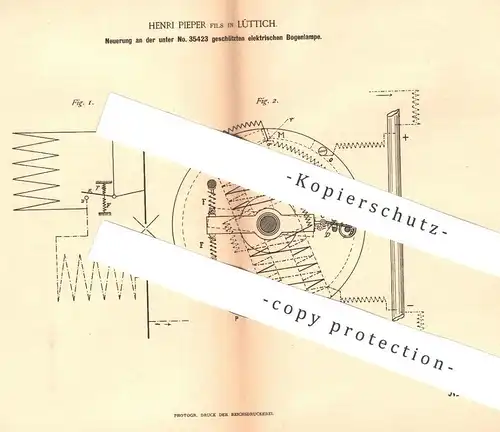 original Patent - Henri Pieper , Lüttich , 1885 , elektrische Bogenlampe | Lampe , Licht , Elektriker , Elektromagnet