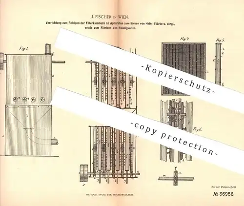 original Patent - J. Fischer , Wien , 1885 , Reinigen der Filterkammer am Filter o. Sieb | Hefe , Bier , Stärke , Zucker