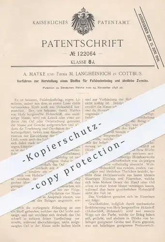 original Patent - A. Mayke u. Fa. M. Langenheinrich , Cottbus , 1898 , Stoff für Fußbodenbelag | Linoleum , Kork !!