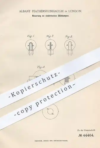 original Patent - Albany Featherstonhaugh , London , England , 1888 , elektrische Glühlampe | Glühlampen , Lampe !!