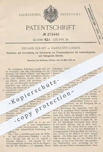 original Patent - Eduard Rekate , Hannover / Linden , 1913 , Gewinnung von Fleischsaftproben | Fleisch , Biologie !!