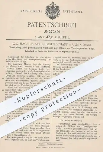 original Patent - C. D. Magirus AG , Ulm / Donau , 1913 , Röhren an Teleskopmasten | Teleskop , Flaschenzug !!
