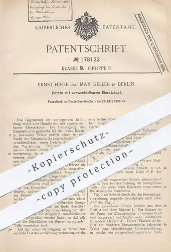 original Patent - Ernst Hirte u. Max Geller , Berlin , 1906 , Bürste mit wechselbarem Bürstenkopf | Bürsten , Handbürste