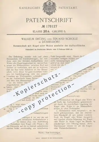 original Patent - Wilhelm Drüing u. Eduard Scholle , Düsseldorf , 1906 , Hemmschuh mit Kugel o. Walze | Eisenbahn