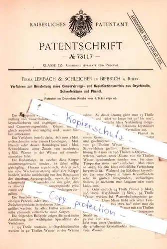 original Patent - Firma Lembach & Schleicher in Biebrich a. Rhein , 1892 , Chemische Apparate und Processe !!!
