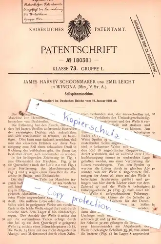original Patent - J. Harvey Schoonmaker und E. Leicht in Winona , USA , 1904 , Seilspinnmaschine !!!
