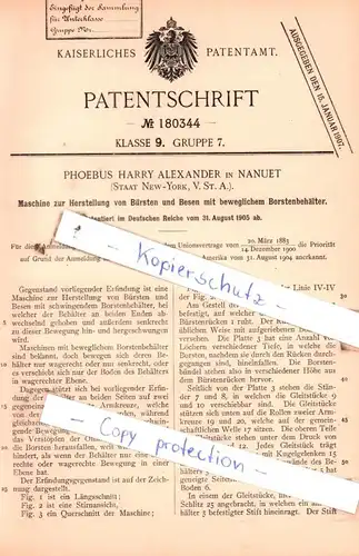 original Patent - P. H. Alexander in Nanuet , USA , 1905 , Maschine zur Herstellung von Bürsten und Besen !!!