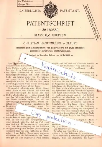 original Patent - C. Hagenmüller in Erfurt , 1906 , Maschine zum Ausschwenken von Lagerfässern !!!
