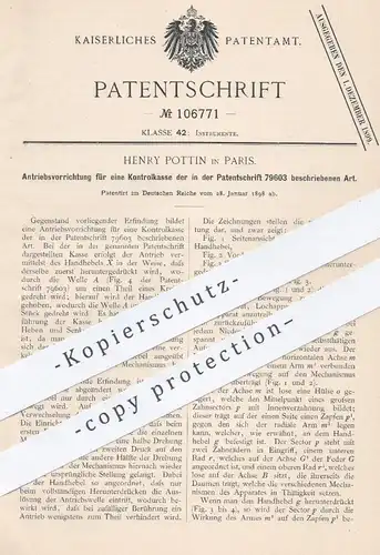 original Patent - Henry Pottin , Paris 1898 , Antriebsvorrichtung für eine Kontrollkasse | Kasse , Kassen , Kassensystem