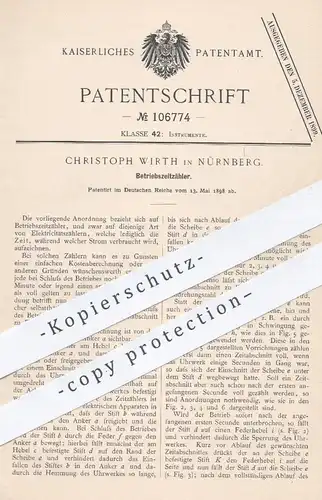 original Patent - Christoph Wirth , Nürnberg 1898 , Betriebszeitzähler | Stromzähler , Elektriztätszähler | Strom Zähler