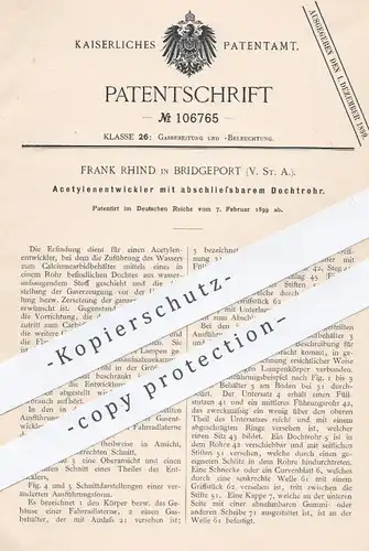 original Patent - Frank Rhind , Brigdeport , USA , 1899 , Acetylenentwickler mit abschließbarem Dochtrohr | Gas , Licht