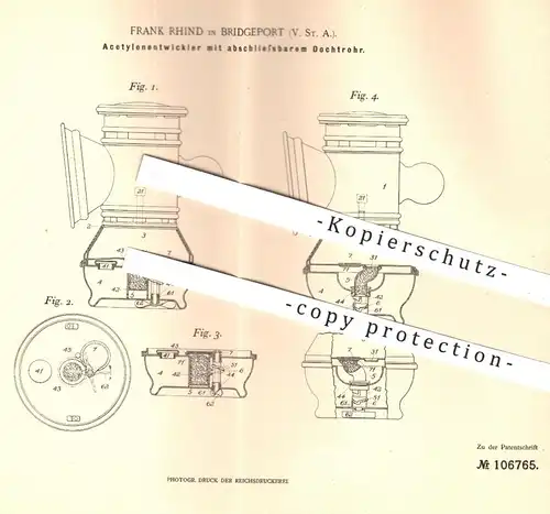 original Patent - Frank Rhind , Brigdeport , USA , 1899 , Acetylenentwickler mit abschließbarem Dochtrohr | Gas , Licht