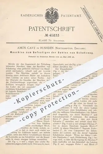 original Patent - Amos Cave , Rushden / Northampton England , 1888 , Befestigen der Schuh - Sohlen | Schuhe , Schuster !