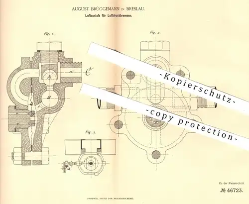 original Patent - August Brüggemann , Breslau , 1888 , Luftauslass für Luftdruckbremsen | Bremse , Eisenbahn !!