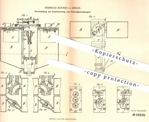 original Patent - Heinrich Börner , Berlin , 1890 , Kontrolle von Flüssigkeitsmengen | Zapfanlage , Zapfhahn , Bier !!