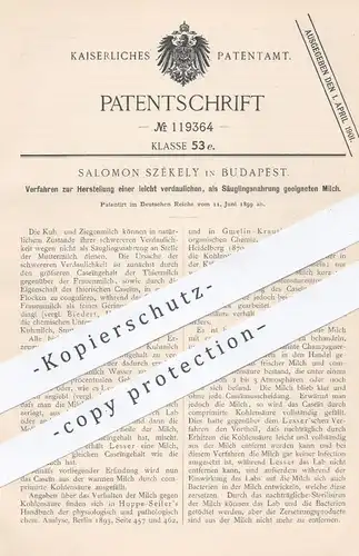 original Patent - Salomon Székely , Budapest 1899 , Herstellung leicht verdaulicher Milch | Säuglingsnahrung | Kuhmilch