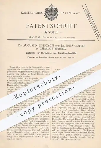 original Patent - Dr. A. Bistrzycki , Dr. Fritz Ulffers , Berlin / Charlottenburg , 1893 ,  Diacet-p-phenetidid | Chemie