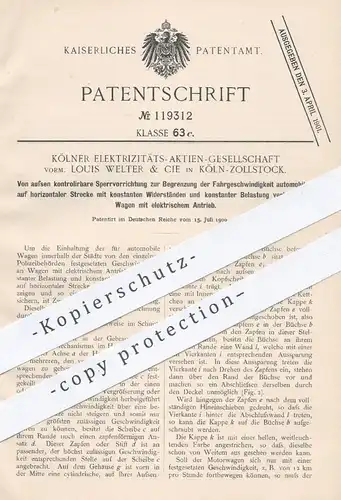 original Patent - Elektrizitäts - AG | Louis Welter & Cie , Köln , 1900 , Begrenzung der Geschwindigkeit beim Automobil