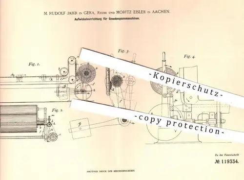 original Patent - M. Rudolf Jahr , Gera , Reuss / Moritz Eisler , Aachen , 1900 , Gewebe - Spannmaschinen | Stoff !!