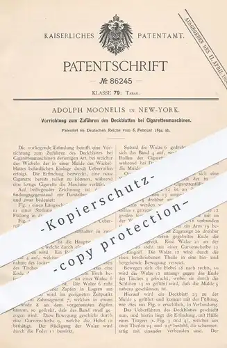 original Patent - Adolph Moonelis , New York USA , 1894 , Zuführen des Deckblattes bei Zigarettenmaschinen | Zigaretten