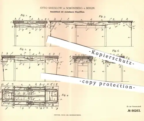 original Patent - Otto Krecklow , Berlin / Schöneberg , 1895 , Ausziehtisch mit Klappfüßen | Tisch , Tische , Tischler