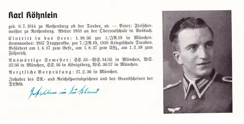 Personalkarte Wehrmacht - Karl Köhnlein in Rothenburg ob der Tauber und Ernst Krahl in Hirschberg , Ansbach NSDAP , Arzt