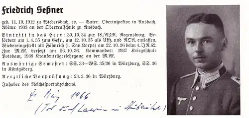 Personalkarte Wehrmacht - Friedrich Seßner in Ansbach und W. Szczepanski in Siegen , Köslin  Wiedersbach , NSDAP , Arzt