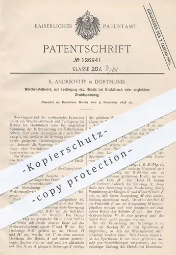 original Patent - K. Andreovits in Dortmund , 1898 , Weichenstellwerk | Stellwerk für Weichen , Eisenbahnen , Eisenbahn