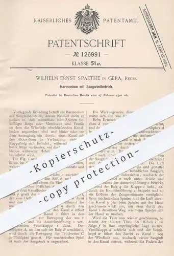 original Patent - Wilhelm Ernst Spaethe , Gera , 1901 , Harmonium mit Saugwindantrieb | Musikinstrumente , Musik !!!