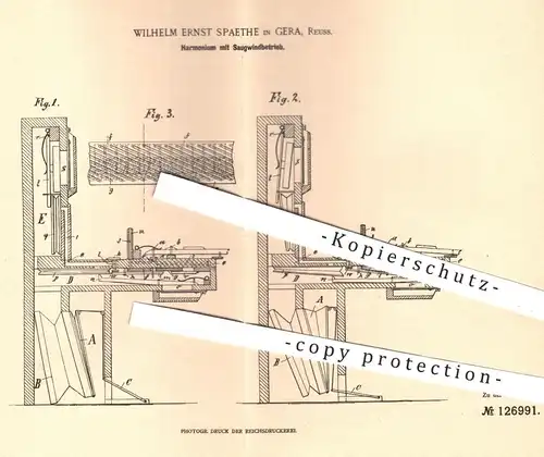 original Patent - Wilhelm Ernst Spaethe , Gera , 1901 , Harmonium mit Saugwindantrieb | Musikinstrumente , Musik !!!