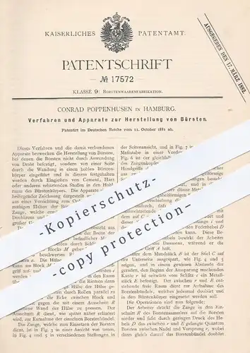 original Patent - Conrad Poppenhusen , Hamburg , 1881 , Herstellung von Bürsten | Bürste , Borsten , Besen !!