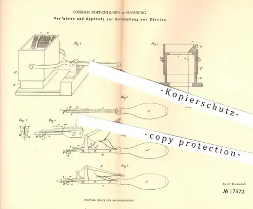 original Patent - Conrad Poppenhusen , Hamburg , 1881 , Herstellung von Bürsten | Bürste , Borsten , Besen !!