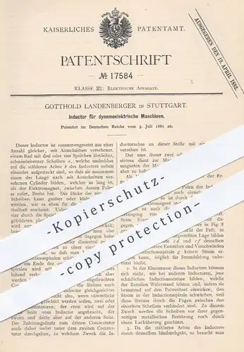 original Patent - Gotthold Landenberger in Stuttgart , 1881 , Induktor für dynamoelektrische Maschinen | Elektromagnet