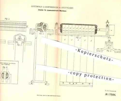 original Patent - Gotthold Landenberger in Stuttgart , 1881 , Induktor für dynamoelektrische Maschinen | Elektromagnet