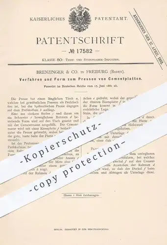 original Patent - Brenzinger & Co. , Freiburg , 1881 , Form zum Pressen von Zementplatten | Zement , Beton , Formerei !