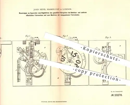original Patent - John Nevil Maskelyne , London , 1882 , Registrieren der Fahrscheine bei Straßenbahnen , Omnibus !!