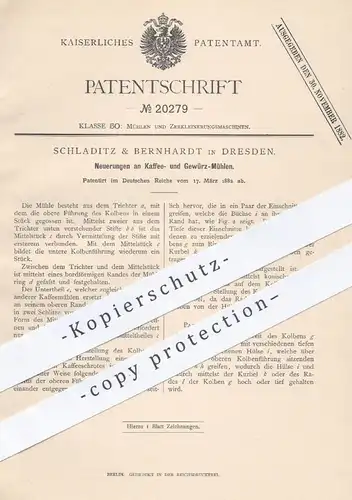 original Patent - Schladitz & Bernhardt , Dresden , 1882 , Kaffeemühle , Gewürzmühle , Mühle , Mühlen , Kaffee , Gewürze