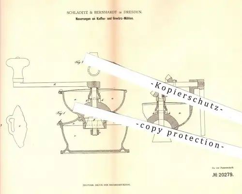 original Patent - Schladitz & Bernhardt , Dresden , 1882 , Kaffeemühle , Gewürzmühle , Mühle , Mühlen , Kaffee , Gewürze