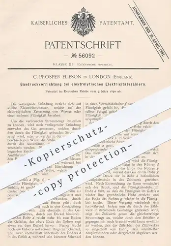 original Patent - C. Prosper Elieson , London , 1883 , Gasdruckvorrichtung am elektrolytischen Elektrizitätszähler !!!