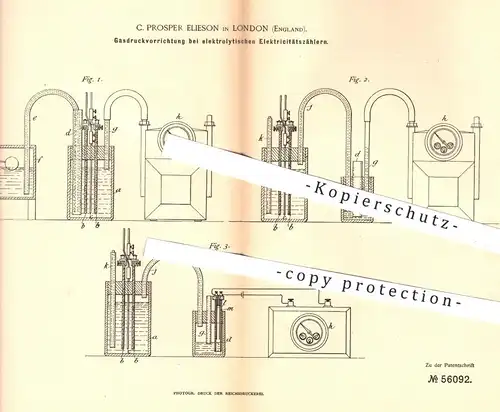 original Patent - C. Prosper Elieson , London , 1883 , Gasdruckvorrichtung am elektrolytischen Elektrizitätszähler !!!