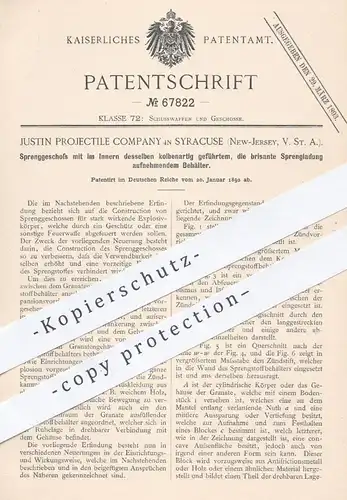 original Patent - Justin Projectile Company , Syracuse , New Jersey , USA , 1892 , Sprenggeschoss , Geschoss , Waffen !!