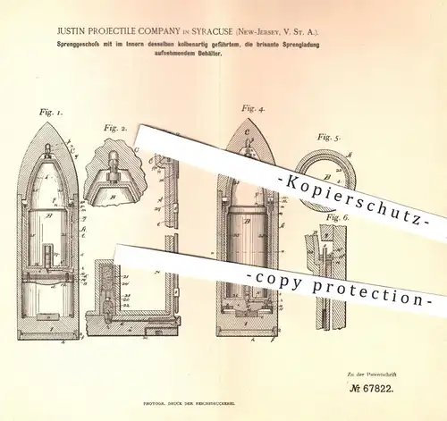 original Patent - Justin Projectile Company , Syracuse , New Jersey , USA , 1892 , Sprenggeschoss , Geschoss , Waffen !!