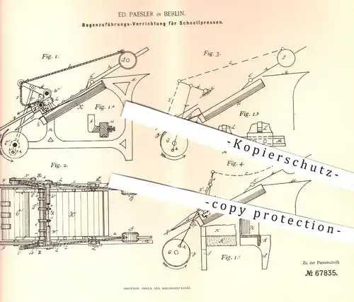 original Patent - Ed. Paesler , Berlin , 1891 , Papierzuführung für Schnellpressen | Druckpressen , Druckerei , Papier