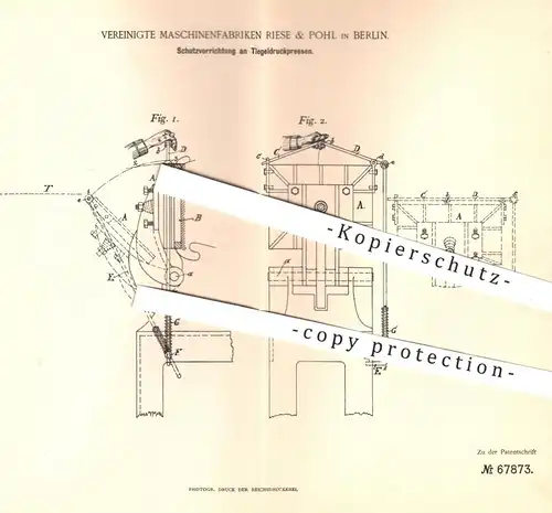 original Patent - Vereinigte Maschinenfabriken Riese & Pohl , Berlin , 1892 , Schutz an Tiegeldruckpresse | Druckpressen