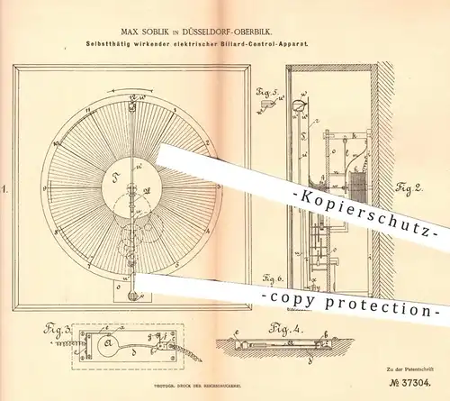 original Patent - Max Soblik , Düsseldorf / Oberbilk , 1886 , elektrische Kontrolle am Billardtisch | Billard , Pool !!