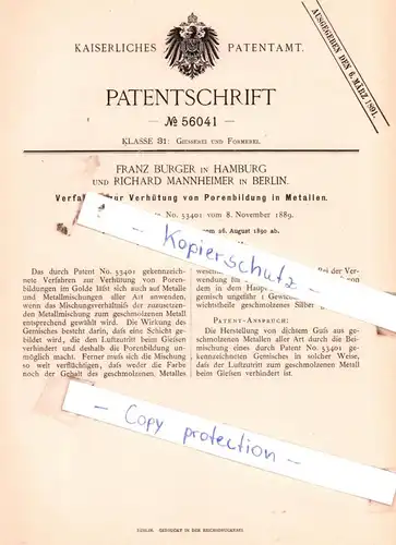 original Patent - F. Burger in Hamburg und R. Mannheimer in Berlin , 1890 , Giesserei und Formerei !!!