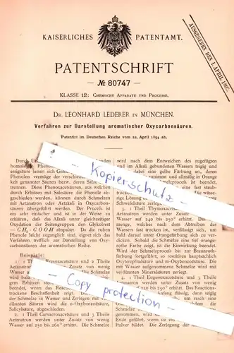 original Patent - Dr. Leonhard Lederer in München , 1894 , Verfahren zur Darstellung aromatischer Oxycarbonsäuren !!!