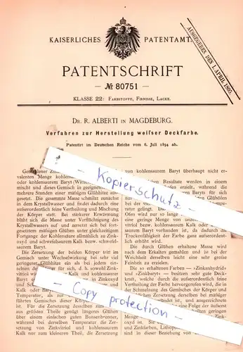 original Patent - Dr. R. Alberti in Magdeburg , 1894 , Verfahren zur Herstellung weißer Deckfarbe !!!