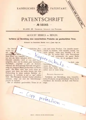 original Patent - August Seibels in Berlin , 1890 , Chemische Apparate und Processe !!!