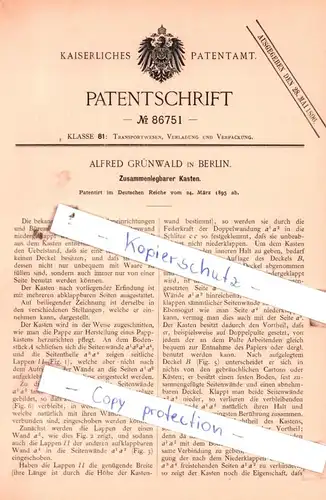 original Patent - Alfred Grünwald in Berlin , 1895 , Zusammenlegbarer Kasten !!!
